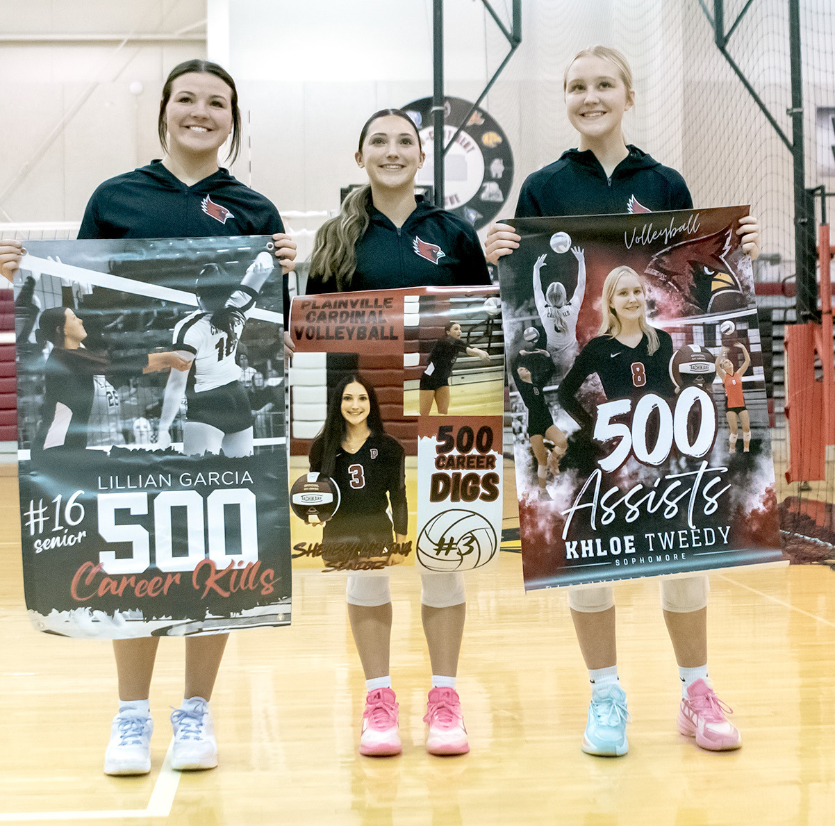 THREE PLAINVILLE LADY CARDINALS were recognized last Tuesday for reaching impressive career milestones on the volleyball court this season. Senior Lillian Garcia joined the 500 Club with 500 career kills, while fellow senior Shelby Molina reached 500 career digs. Sophomore Khloe Tweedy also earned a spot in the 500 Club, recording 500 career assists. Congratulations to these three Lady Cardinals on their outstanding accomplishments!