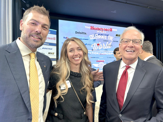 PICTURED at the Paris Air Show were Beta Aviation CEO Kyle Clark, Director of Regulatory Affairs Kristen Costello, and United States Senator Jerry Moran.