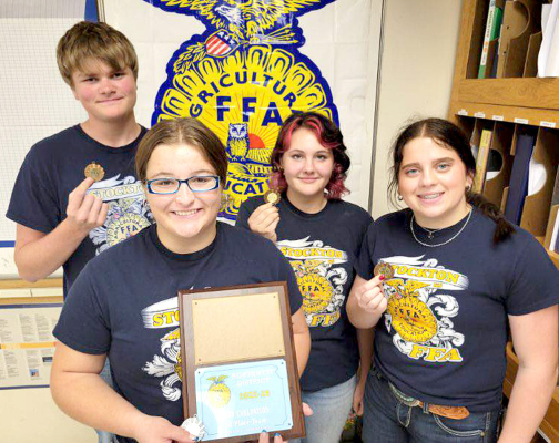 THE STOCKTON FFA started off their school year by winning the recent Northwest District Land Judging Contest in Quinter! Placing in the Land Judging Contest, which consisted of 21 teams and 124 competitors, were Kolby Dix (3rd place), Skylar Amlong (2nd place), Piper Creighton (6th place), and Mia Odle (4th place).