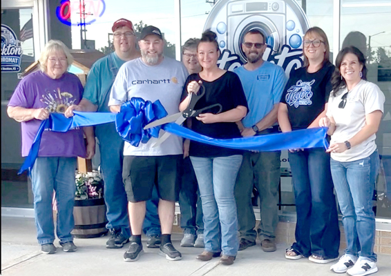 THE RIBBON CUTTING CEREMONY for the new Stockton Laundromat (310 Main Street) took place on Tuesday, September 22nd, celebrating their Grand Opening. Pictured from left to right: Jayne Prockish (Chamber Board President), Dean Kester (Chamber Board Memberat- Large), Bill and Lauren Murphy (Owners), Jana Slansky (Chamber Board Secretary), Adam Bryant (Chamber Board City Representative), Chelsey Peterson (Chamber Board Treasurer), and Taylor Hanson (Chamber Executive Director). (Courtesy Photo)