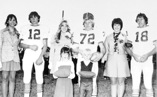 THE 1974 SHS HOMECOMING COURT were (from left) Coral Melton, Blaine Hageman, Queen Carol Denio, King Ron Riedel, Susan Patterson, and Brad Glendening. Crown bearers were Laurie Conyac and John Bellerive.