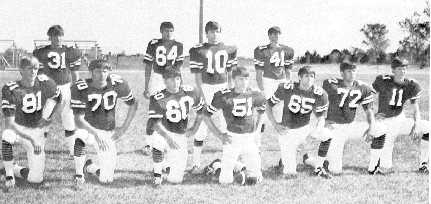 THE 1974-75 PHS SENIOR FOOTBALL PLAYERS were (front row, from left) Tracy Post, Greg Stahl, Kevin LaDuke, Dale Boucher, Curt Horton, Pat Garvert, Jed Malin; (back row) Darrell Austin, Bill Becker, Ritchie Beougher, and Don Hrabe. The 1974 football team, coached by Larry Friend, finished their season with an impressive 8-win, 1-loss record, their best since 1959.