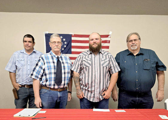 THE FOUR CANDIDATES running for the Rooks County Commission District 1 position answered questions from the public on Thursday, July 23rd at Stockton City Hall. Pictured are (from left) Ryan Brown, Rick Gianni, Taten Pulec, and Jon Voss. Remember to exercise your right to vote on Tuesday, August 4th.
