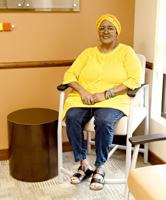 KIM THOMAS enjoys the comfort of one of the new chairs at the Stockton Medical Clinic, embracing the clinic's commitment to patient comfort and care.
