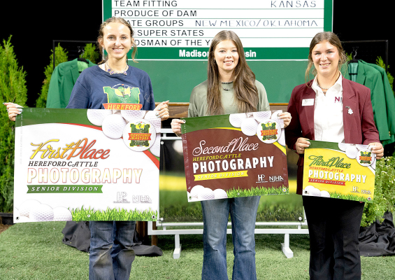 SENIOR PHOTOGRAPHY CONTEST HEREFORD CATTLE DIVISION WINNERS (l to r): first, Cady Pieper, Zurich; second, Martina Alley, Danielsville, Ga.; and third, Kendall Boatman, Rockford, Ill.
