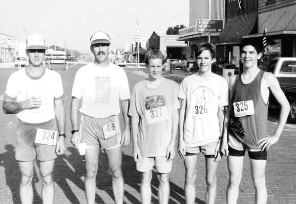 BECAUSE OF THE MANY FUN RUNS IN THE AREA, only five ran the 10K, which was a part of Stockton’s Summer Festival on July 8th, 1981. They were (from left): A.D. Kelly of Plainville, Roger Pfeifer of Santana, David Waggoner of Phillipsburg, Billy Waggoner of Phillipsburg, and Jason Fawver of Phillipsburg.