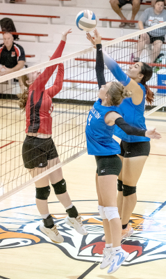NATOMA’S DREYA LYLE battling Stockton’s Brooklyn Couse, and Jayana Creighton at Natoma on September 3rd.