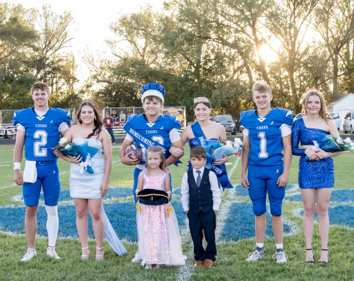 STOCKTON HIGH SCHOOL’S 2026 HOMECOMING ROYALTY took the field prior to the football game last Friday night. Dayton Carpenter and Camille Lowry were crowned King and Queen. Pictured from left are: Jace Kesler, Mia Odle, Dayton and Camille, Ashton Nuss, and Natalie Nuss. In front are Avery Kuhlmann and Sullivan Larson.
