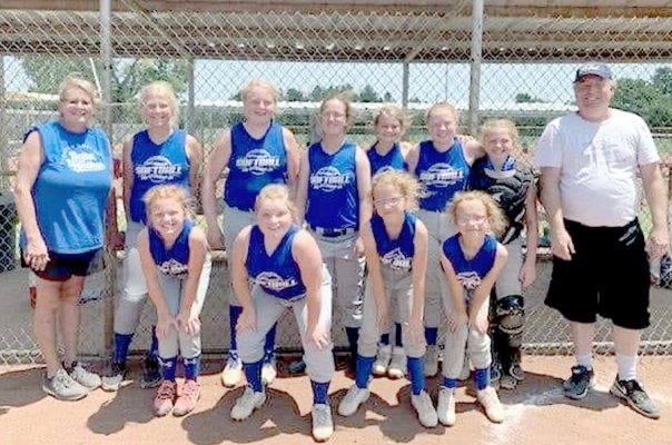 THIRD-PLACE MEDALISTS! The Western Kansas Softball Team brought home third-place medals from the tournament last Saturday. Those competing that day were, front row, from left: McKenna Horn, Aiyden Kerr, Jade Jackson, and Kaylee Jackson; and back row, from left: Coach Holly Odle, Karleigh Horn, Brenna Odle, Sierra Jackson, Teagann Shamburg, Baileigh Balthazor, Leigha Balthazor, and Coach Jason Jackson.