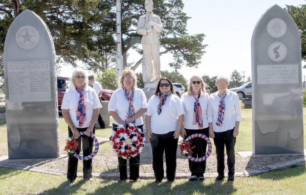 MEMBERS OF THE LADIES AUXILIARY TO VFW POST 8873 who laid the wreaths at the Veteran’s Memorial during the Memorial Day Services held at Stockton Cemetery on Monday were, from left: Kathy Creighton, Jeri Atwood, Dena Bouchey, Lisa Gilmore, and Barb Record.