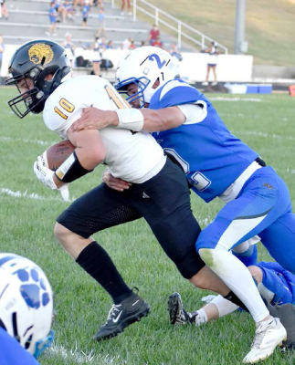 Stockton Senior Jace Kesler making a tackle Stockton vs. South Barber September 11, 2026, Tiger Stadium