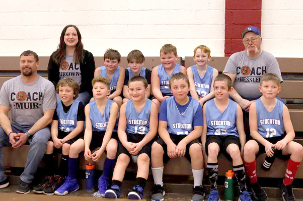 THE STOCKTON BOYS REC BASKETBALL TEAM enjoyed their season and learned a lot about the game from their coaches. Pictured are (front row, from left): coach Heath Muir, Rekker States, Grandon Mongeau, Hudson Horn, Kirby Cline, Wyatt Maddy, Grayson Brown; (back row coach Sidnee Brown, Cohen Muir, Karson Kuhlmann, Trent Look, Waylon Ghumm, and coach Roger Hessler.