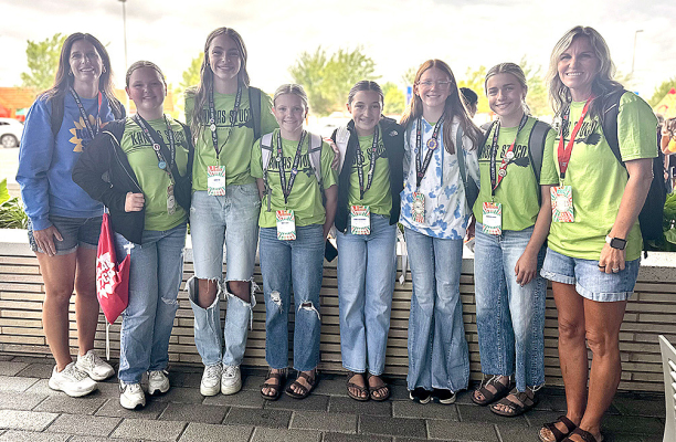 DURING THE 2025 VISION NATIONAL CONFERENCE IN OKLAHOMA CITY, Stockton sponsors and Stuco members took a moment from their busy schedules for a selfie. In the front row, from left to right, are Jessica Billinger (sponsor), Remy Muir, Tessa Look, Omree Dibble, and Addie Dix. In the back row are Harper Lowry, Corbyn Glendening, and Laura Moffet (sponsor).