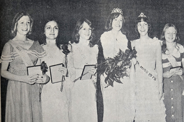 THE PALCO GIRLS grabbed the first four places in the 1976 Junior Miss Pageant. Pictured are (from left) Lorna Sutor (third runner-up), Jill Gagnon (second runner-up), Kristi Steeples (first runner-up), 1976 Rooks County Junior Miss Robin McClellan, 1975 Junior Miss Alice Glodfelty, and Connie Sarver of Natoma (Miss Personality).