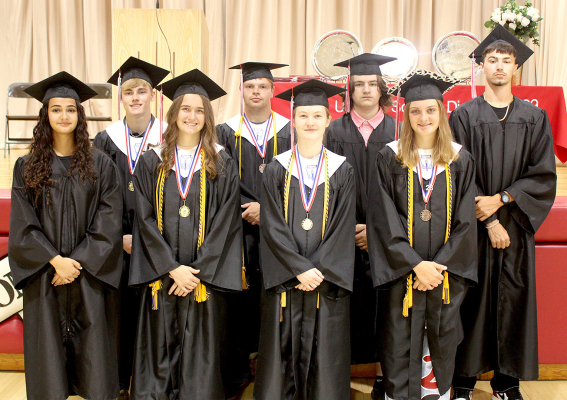 MEMBERS OF THE NATOMA HIGH SCHOOL CLASS OF 2026 include front row, from left: Valeria Chiarelli, Sophia Robison, Caylie Lyle, and Lillian Carter; back row, from left: Kelden Rubottom, Trentin Maupon, Carsen Shadduck, and Simone Benazzi. (Photo Courtesy of Kurt Grafel)