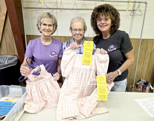 JANESE TOWNLEY, Barb Record, and Connie Stithem helped with the entries for the clothing section in the Open Class building at the Rooks County Free Fair.
