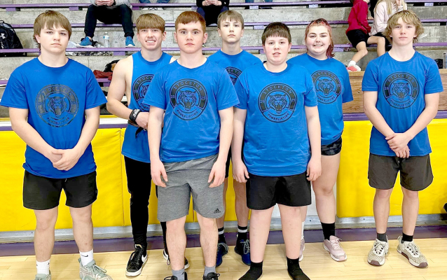 TIGER POWERLIFTERS competing at WaKeeney were, from left: Dayton Carpenter, Cason Iwanski, Zach Chandler, Kolt Kuhlmann, Garrison Mongeau, Rivver Long, and Vincent Thayer. (Courtesy Photo)