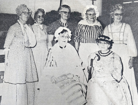 HELEN HRABE was named the Bicentennial Queen from among the seven contestants during the Plainville Bicentennial Celebration in 1976. The contest was sponsored by the ESA Sorority. Pictured are (sitting, from left) Betty Davis, Myrtle Hutton (97 years young); (back row) Helen Hrabe, Helen Darnell, Alice Harris, Elizabeth Bartlett and Stella McConchie.