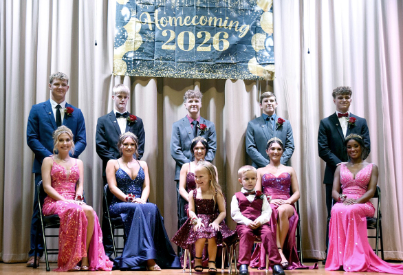 PLAINVILLE’S HOMECOMING presentation of the Royal Court featured this year’s king and queen candidates, and the junior attendants, Jensyn Nyp and Gus Brewster (front row). Queen candidates are, from left: Khloe Nelson, Emma Gabel, Calleigh Witt, Shelby Molina, and Aaleyah Becker. King candidates, from left, are: Owen Brewster, Erik Mackey, Colby Nuss, Reid Stamper, and Braylon Becker. (Photo Courtesy of Candace Rachel)