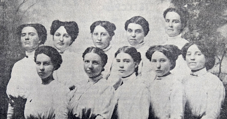 THIS YESTERYEAR PICTURE, taken in 1916, shows a group of young Plainville-area women who met in town every Saturday afternoon. They are (front row, from left): Lottie McCurley, Lela (Wells) Gilbert, Ethel (Gilbert) Shepard, Anna (Gick) Eades, Mary (Gick) Stahl; (back row) Emily (Gick) O'Brien, Emma (Gick) Stahl, Catherine (Stahl) Hageman, Gertrude (Hilgers) Johnston, and Mildred Cabbage.