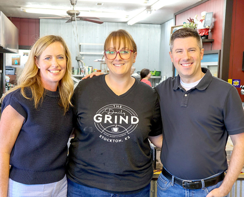 DINAH SYKES (R), running for Kansas Insurance Commissioner, recently made a stop in Stockton at The Daily Grind during her campaign tour. She is pictured with The Daily Grind owner, Chelsey Peterson, and Rooks County Health Center CEO Josh Thaden. (Courtesy Photo)