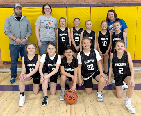 THE STOCKTON REC GIRLS BASKETBALL TEAM ended their season in Plainville on Saturday, February 22nd. Pictured are (front row from left): Gabby Duncan, Janassa Swaney, Hallie Gallaway, Alynn Bouchey, Charlotte Berkley; (back row) coach Bryant Muir, coach Janessa Swaney, Joree Dibble, Cambry Glendening, Emery Peterson, Sophia Hanson, Norah Muir, and coach Taylor Swaney.
