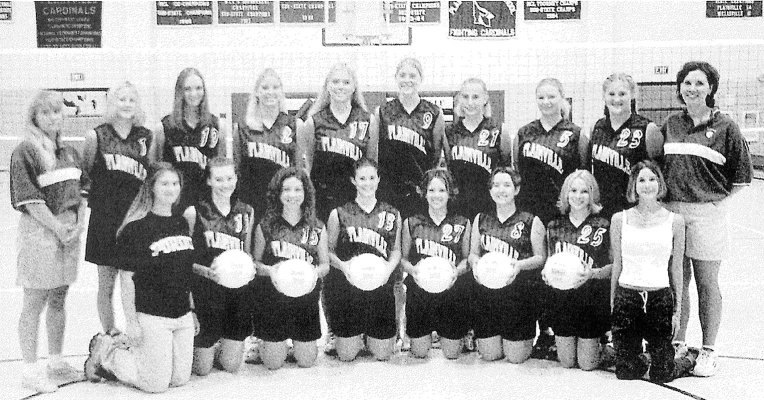 THE 2001 PLAINVILLE CARDINAL VOLLEYBALL TEAM consisted of (front row, from left) manager Amanda Fogle, Stacy Dreher, Kayla Fisher, Heather Plante, Janell Darnell, Linsey Weaverling, Kelcee Meitler, manager Stevie Finnesy; (back row) coach Nicki Pfaff, Lacey Hamlet, Michelle Rath, Shanna Fellhoelter, Lacey Brin, Heather Hrabe, Katrina Jones, Jamie Stahl, Jolene Eilers, and coach Lisa Megaffin.
