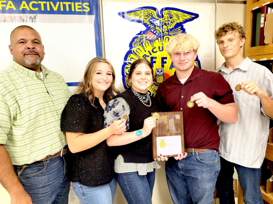 THE STOCKTON FFA started the school year by placing first among 18 schools at the Northwest District FFA Dairy Cattle Judging Contest in Colby on Wednesday, September 9th! Congratulations to Isaac Thayer on his first career FFA win, placing first out of 102 contestants. Pictured are (from left) sponsor Shane Austin, Skylar Amlong (10th place), Mia Odle (3rd place), Isaac Thayer (1st place), and Matthew Tomasek (8th place).
