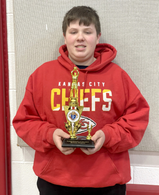 GARRISON MONGEAU placed first in the 13-year-old division at the Regional Knights of Columbus Free Throw Contest held on Quinter on Sunday, February 16th. He will now head to the State Competition in Salina on Sunday, March 2nd. (Courtesy Photo)