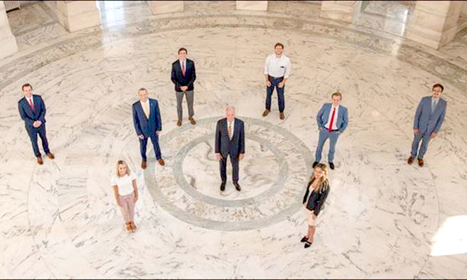 Senator Moran (center) with the 2020 Washington, D.C. summer inteerns (from left): Bradley DeMers, Emily Bradley, Tel Wittmer, Peter Donaldson, Sen. Moran, Trey Kuhlmann, Sarah Pelton, Nick Mauer and Adam Moore