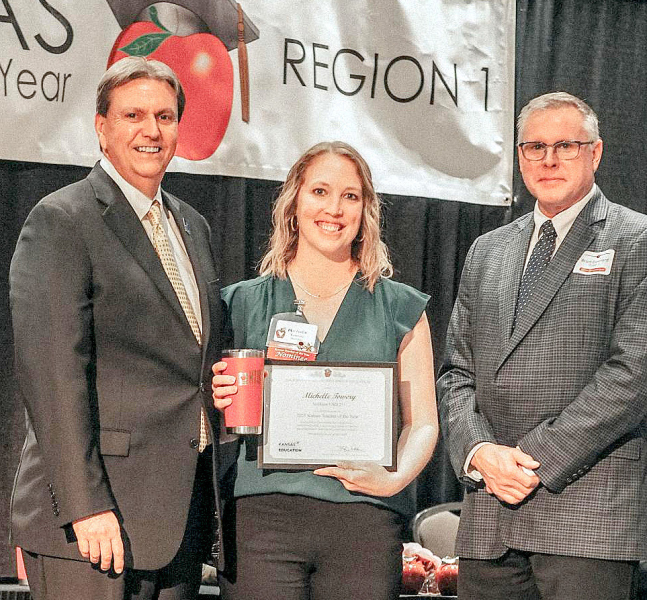 TEACHER MICHELLE TOWERY was selected as Stockton’s 2025 Kansas Secondary Teacher of the Year. She was celebrated with the other nominees from Region 1 on Saturday, April 6th, in Salina.Towery is pictured with Dr. Watson, Commissioner, and Brad Downard from Security Benefit. (Courtesy Photo)