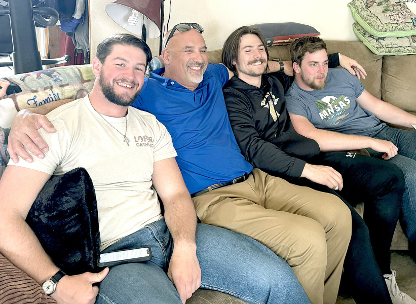 FROM LEFT, RYLAN BASART is pictured with his uncle Darren Grauerholz and former UNK throwers Kenyon Forest and Evan Prohaska. (Courtesy Photo)