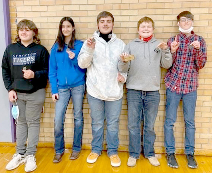 MCEL SCHOLARS BOWL TOURNAMENT CHAMPIONS were the Stockton eighth-grade team of (from left) Deacon Creighton, Jalia Creighton, Jaxon Dunlap, Noah Griffin and Jack Gasper. Congratulations!