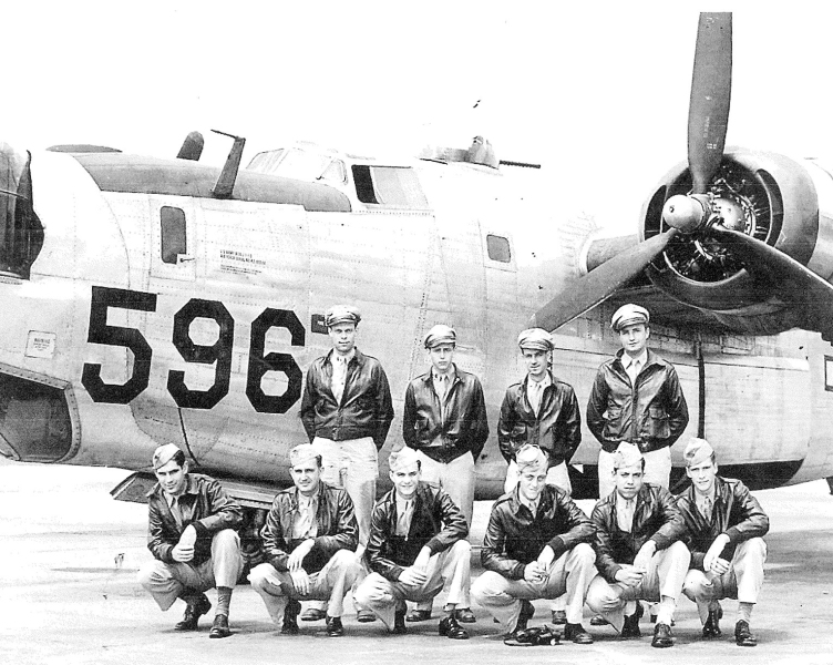 PICTURED IS the 576th Squadron, 392nd Bomb Group, 8th Air Force which Jack Berkley served as a co-pilot on a B-24 Liberator. Standing left to right are 1st Lt. Robert K. Crowell, pilot; 1st Lt. Jack B. Berkley, copilot; 1st Lt. William B. Byrnes, navigator; 2nd Lt. Walter Ott; (kneeling left to right) S/Sgt R/M Colquhoun, nose gunner; T/Sgt Lee R. Waggener, radio operator; S/Sgt Gus Anastos, upper turret; M/ Sgt Jerome F. Hough, engineer; S/Sgt Anthony J. Moffa, tail gunner; and S/Sgt Ray D. Tracy, gunner.