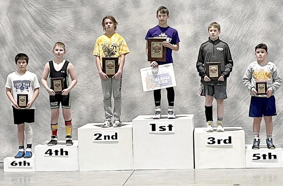 SWC WRESTLER QUINTIN TREVINO (far left) made the medal stand by placing 6th in the Boys’ 10 &amp;amp; Under 110-lb. weight division at the USAWKS 2022 State Folkstyle Wrestling Championships in Topeka March 12 and 13.
