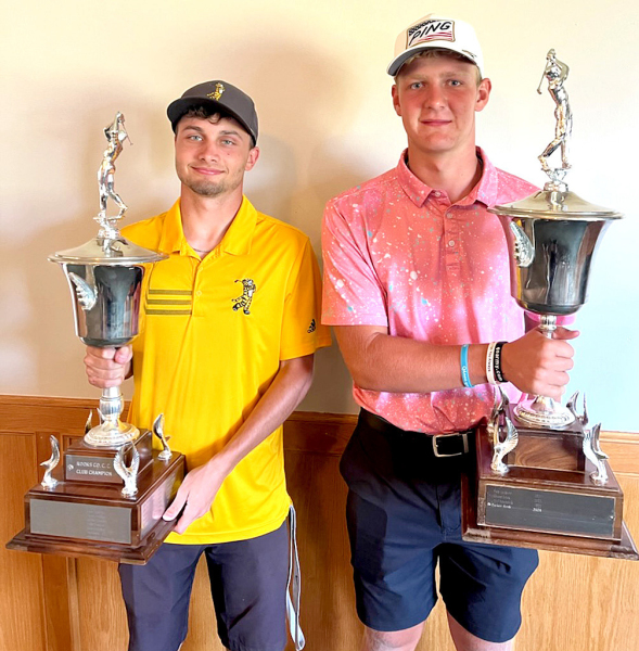 CONGRATULATIONS TO PARKER KROB, left, for winning the Scratch trophy with an two-day score of 136, and to Owen Brewster, who took home the Handicap trophy with a score of 128, at the Club Championship held at Rooks County Golf Course on August 16 and 17. (Courtesy Photo)