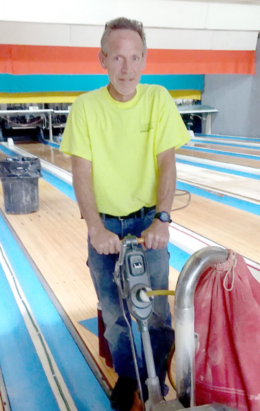 TERRY BAILEY with Jayhawk Bowling Supply sanded the approaches at 183 Lanes this past week to prepare for the resurfacing of the lanes.