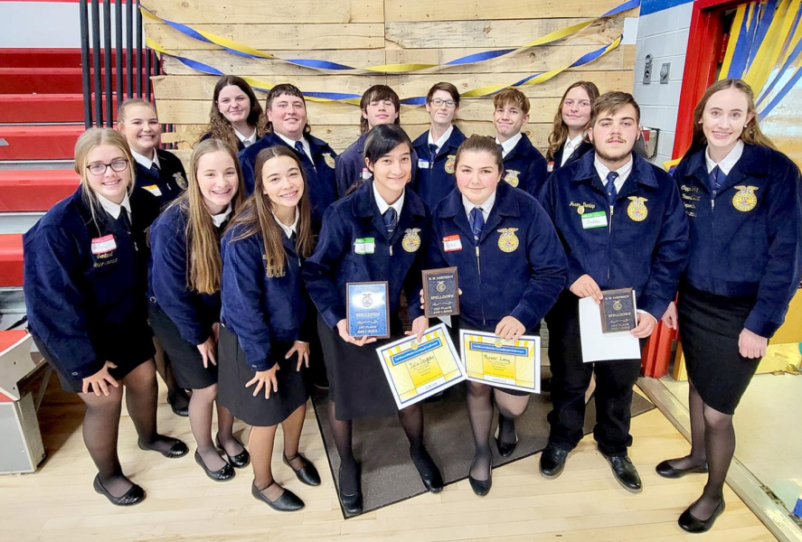 ATTENDING THE NORTHWEST DISTRICT FFA GREENHAND CONFERENCE held in Russell on Wednesday, October 20th were the members of the Stockton FFA. Pictured are (front row, from left): Brin Muir, Ava Dix, Bodye Stithem, Jalia Creighton, Rivver Long, Jaxson Dunlap, Cappi Hoeting; (back row, from left) Lillie Ferguson, MacKenzie Kester, Ryan Mongeau, Emerson Lowry, Jack Gasper, Cason Iwanski and Kourtney Bigge.