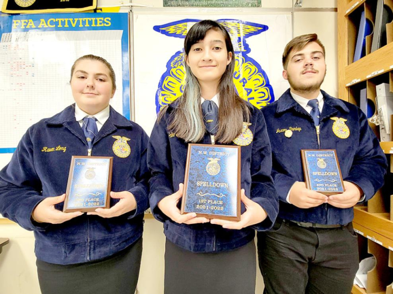 TAKING THE TOP THREE PLACES in the FFA Spelldown Competition at the Northwest District FFA Greenhand Conference were Rivver Long who placed third, Jalia Creighton who placed first, and Jaxson Dunlap who placed second.