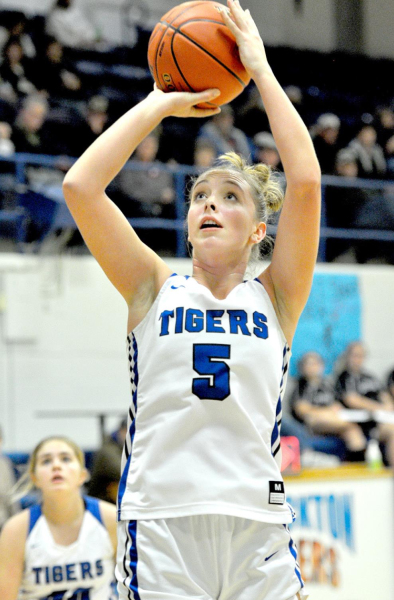 SENIOR OLIVIA DIX scores two of her game-high 31 points against the Lakeside Lady Knights last Friday evening.