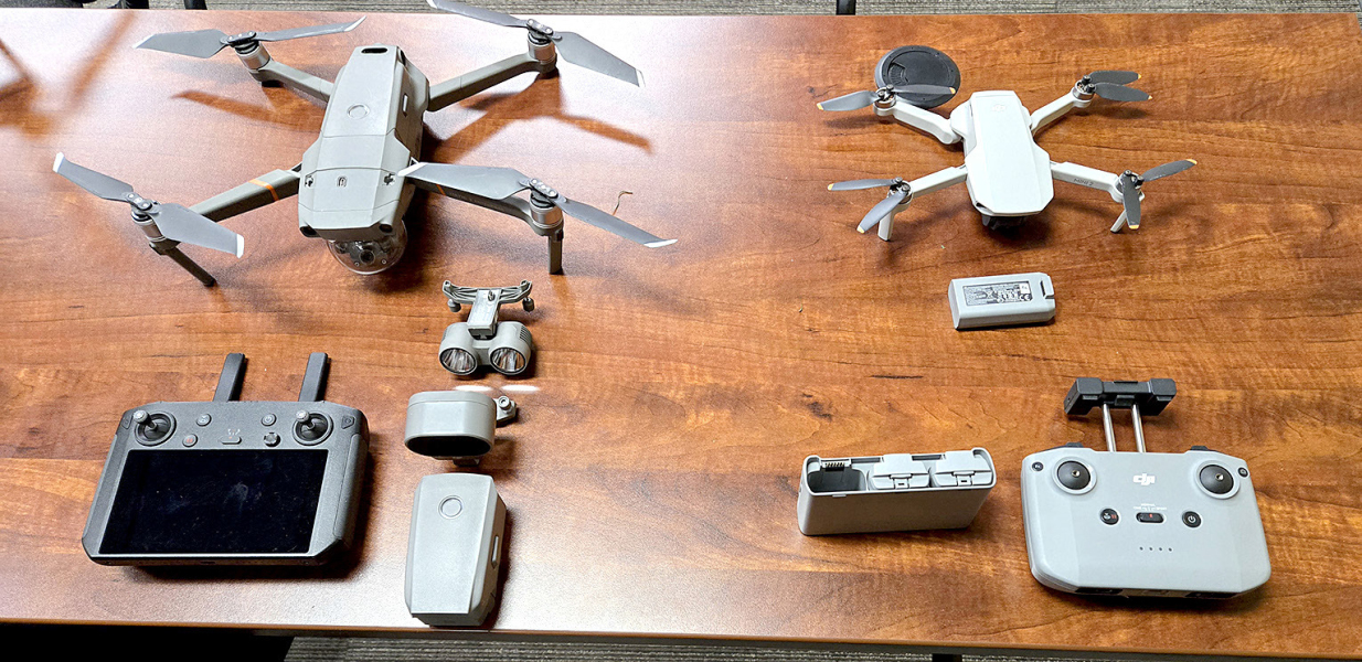 THESETWO DRONES have served Rooks County for several years, helping with surveillance, search and rescue, thermal imagining, and post-disaster mapping. The small one was deployed to fly inside buildings.