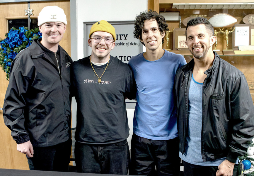 CLOVERTON’S CHRISTMAS TOUR band members are from left, Caleb Coleman (drummer), Max Logan (guitarist), and Hill City High School graduates, who are also twins, Lance Stafford (lead vocals and piano) and Layne Stafford (bass guitar and background vocals).