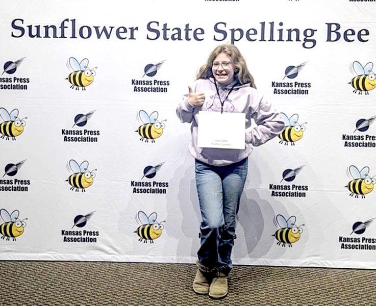 ROOKS COUNTY SPELLING BEE CHAMPION Lyla Oller represented her county at the Sunflower State Spelling Bee held on March 23rd. She finished 15th out of 88 contestants! (Photo Courtesy of Michael Oller)