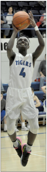 JOSH COLEMAN, a sophomore for the Stockton Tigers, was weaving his way around defenders on February 18th against LaCrosse. Coleman led the Tigers in scoring with 15 points.