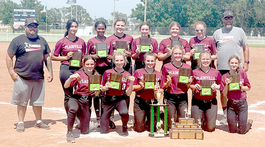 THE 2023 K-18 STATE SOFTBALL CHAMPIONS, THE PLAINVILLE CARDINALS, earned medals, plaques and trophies for their efforts on the diamond at the recent state tournament held in Lucas.Team members are front row, from left: Kaeleigh Klein, Trinity Arpin, Morgan Stahl, Jolyn Johnson, Brylee Horting and Calliegh Witt; and back row, from left: Coach Ryan Weltmer, Jayana Creighton, Aaliyah Becker, Lillian Garcia, Emma Fuzzell, Rylan Weltmer, Baileigh Balthazor, and Coach Trent Fuzzell. (Courtesy Photo)