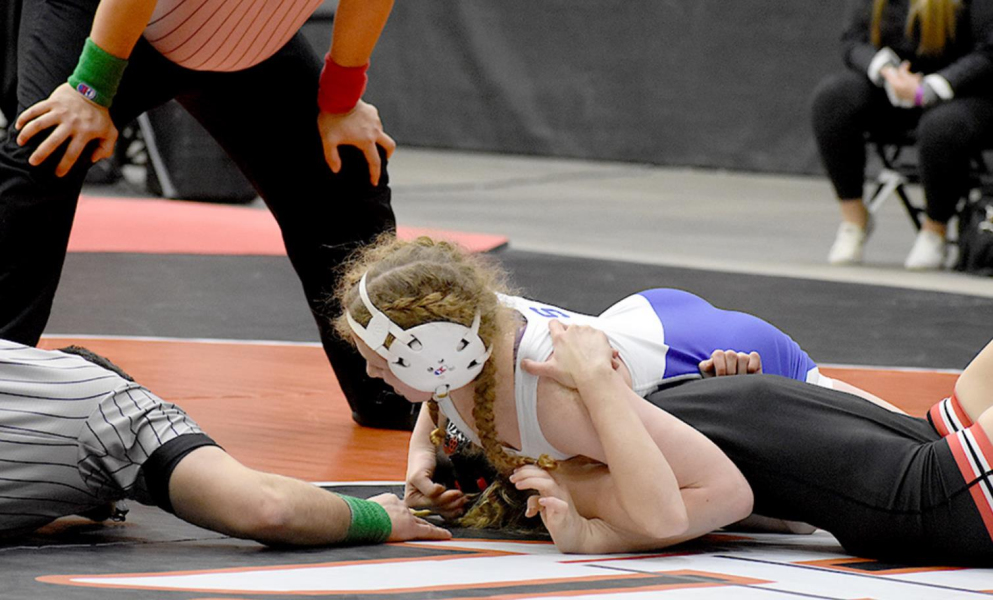 ASHLYN HAHN went 4-1 at the 4A-1A Girls State Wrestling Championship, with her four victories coming by falls. Hahn ended up with a third-place medal. (Photo courtesy of Bobbi Basart)