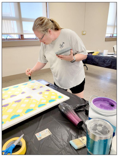 AMBER MUIR blends two colors together for a “stained glass window” effect, inspired by a real window in the Christian Church.