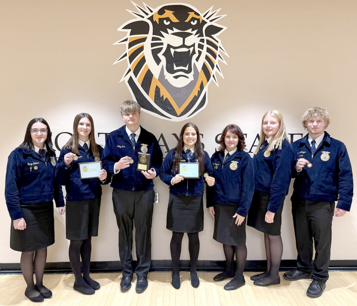 THE STOCKTON FFA OFFICER TEAM placed first out of 12 teams at the Northwest District Contest held at Fort Hays State University. Pictured are (from left) Kourtnie Bird, Meredith Gasper, Kolby Dix, Mia Odle, Piper Creighton, Brenna Odle, and Isaac Thayer. Congratulations!