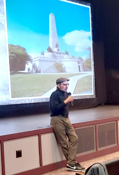 BRIAN AND AIDAN NELSON gave a PowerPoint presentation about their grandfather and great-grandfather, Jacob Nelson, a Union Civil War veteran and an honor guard on President Lincoln’s funeral train. In this photo, Brian is standing in front of Lincoln’s burial site in Springfield, Illinois.