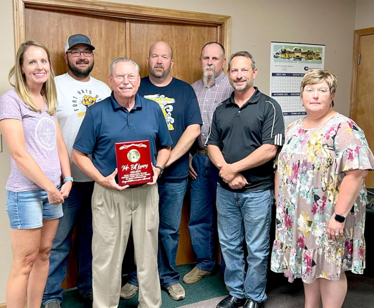 STOCKTON USD 271 BOARD OF EDUCATION MEMBERS presented superintendent Bill Lowry with a plaque in appreciation for his years of service for the District. Pictured are (from left): LeAnn Dix, Jesse Stithem, superintendent Bill Lowry, Chad Sterling, BJ Hoeting, Mark Billinger and Stephanie Niblock.